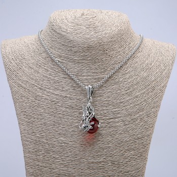 Pendant Dragon Head and Red Orb 22x51 mm on a chain, length 65 cm, silver-colored metal