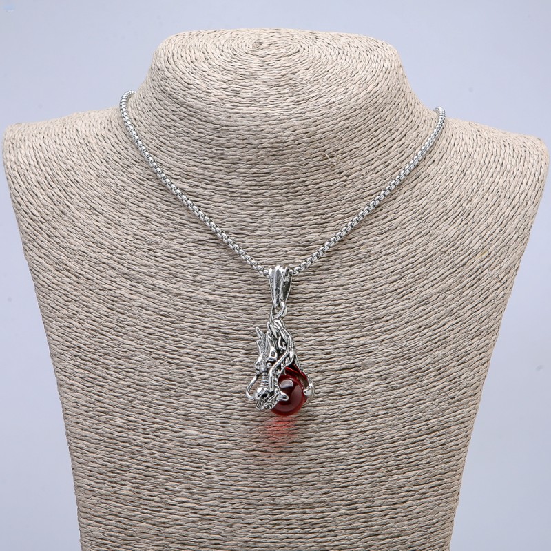 Pendant Dragon Head and Red Orb 22x51 mm on a chain, length 65 cm, silver-colored metal