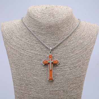 Pendant Cross 65×35 mm on a chain, 65 cm long, silver-colored metal, wood