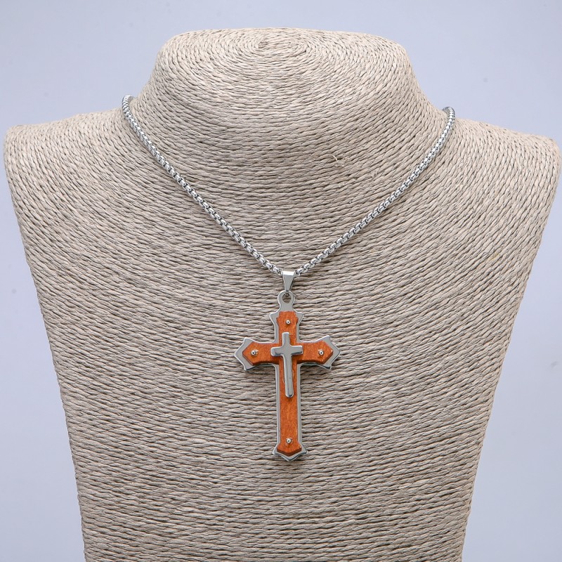 Pendant Cross 65×35 mm on a chain, 65 cm long, silver-colored metal, wood