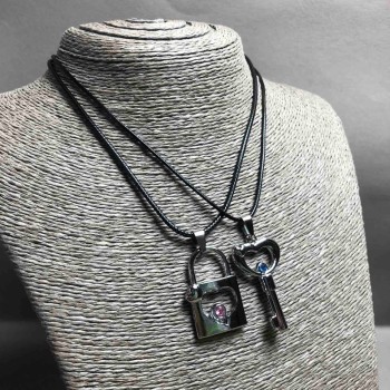 Pair Pendants 'Key and Lock', silver-tone metal, blue and pink rhinestones, 45x30 mm + -, length 45-50 cm