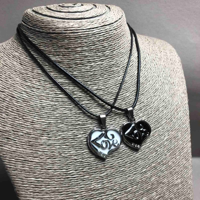 Pair of Pendants 'Heart Love' with Black and White Enamel, White Crystals 33×27 mm + -, Chain Length 45–50 cm