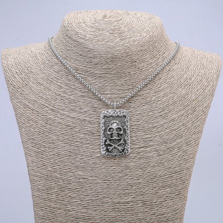 Pendant "Skull and Bones" 48x26 mm on a chain, length 70 cm, silver-toned metal