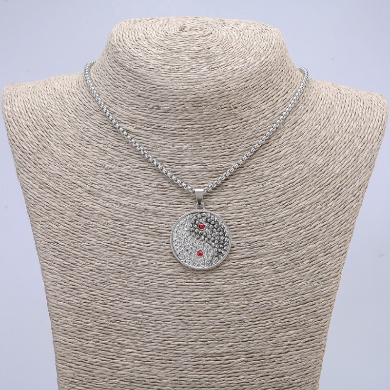 Pendant 'Yin Yang' with rhinestones, 40x30 mm on chain, length 70 cm, silver-toned metal