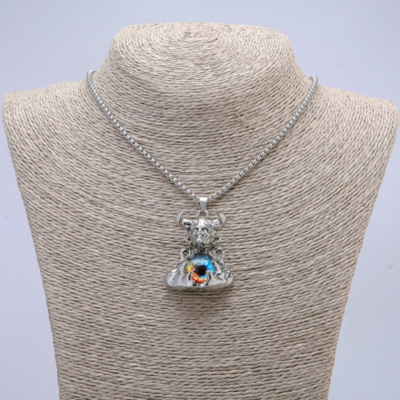 Pendant 'Demon with the Dragon Eye' 45x30 mm on a chain, length 70 cm ± silver-toned metal