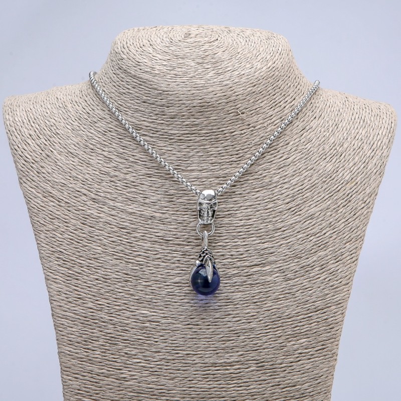 Pendant 'Paw with Ball and Skull' blue 50x16 mm on chain, length 70 cm, silver-colored metal
