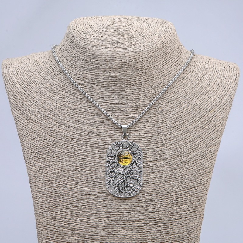 Dragon Eye Pendant, Yellow 30×58 mm on Chain, 65 cm Length, Silver Metal