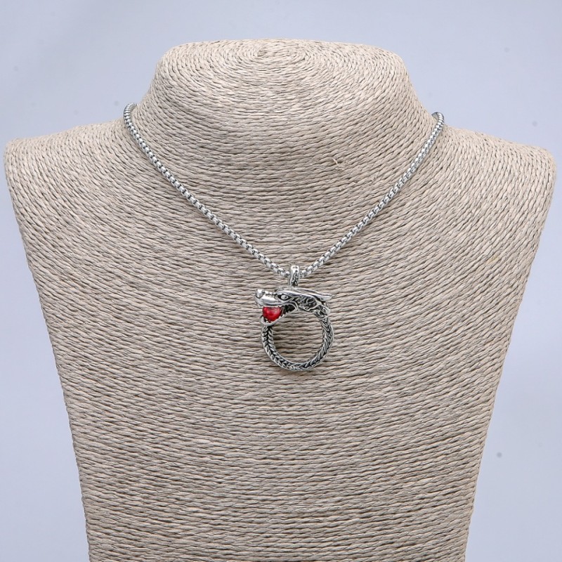 Pendant Dragon with Red Sphere 36x25mm on a chain, length 70 cm ± silver-colored metal