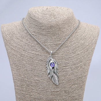 Pendant 'Feather with Dragon's Eye' 65×23 mm on a chain, length about 70 cm, silver-colored metal