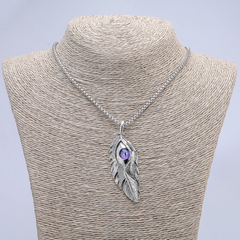 Pendant 'Feather with Dragon's Eye' 65×23 mm on a chain, length about 70 cm, silver-colored metal