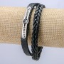 Men's bracelet in black eco-leather, 8.5 mm thick, with silver-tone inserts, length 21 cm