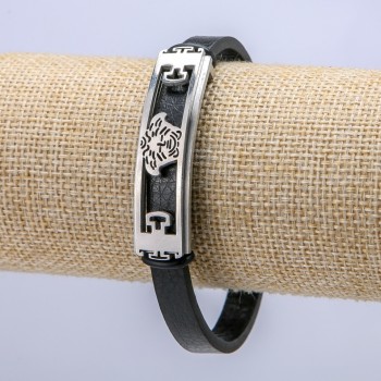 Men's bracelet-strap in black eco-leather, 7 mm thick, with a silver blade, length 57 cm
