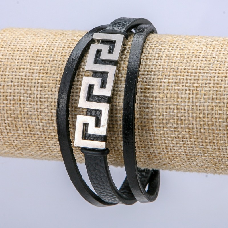 Men's bracelet in black eco-leather, 10 mm thick, with a silver insert, 21 cm long