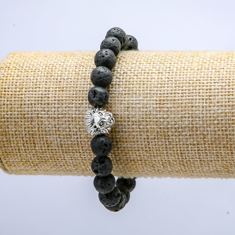 Elastic lava bracelet, 8 mm diameter ±, with a lion