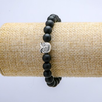 Shungite Elastic Bracelet, 8 mm Beads, Owl Pendant, 18 cm Length