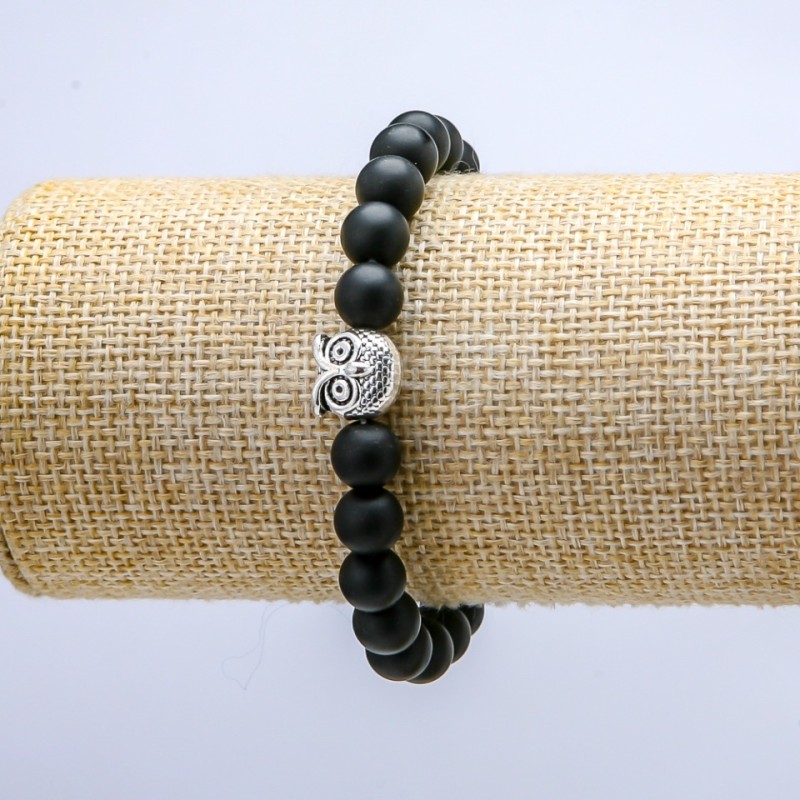 Shungite Elastic Bracelet, 8 mm Beads, Owl Pendant, 18 cm Length