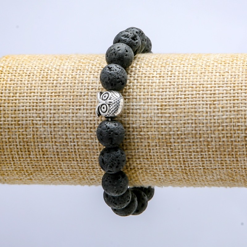 Elastic Lava Stone Bracelet, 10 mm Diameter ±, with Owl