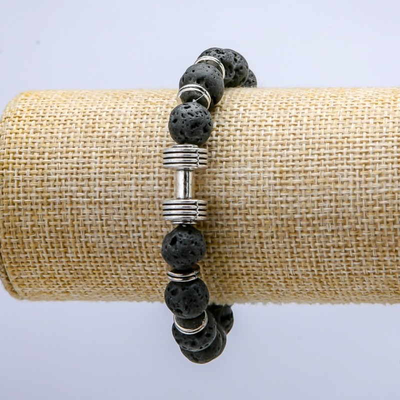 Elastic Lava Stone Bracelet, 10 mm diameter ± with a Dumbbell and Inlays