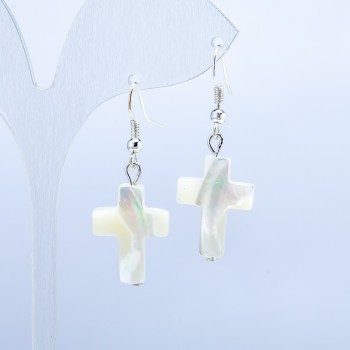 White Mother-of-Pearl Cross Earrings, 20×15 mm cross, overall length 45 mm