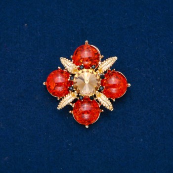 Amber Brooch (Imitation) with Black Crystals, Gold-Tone Crystal and Enamel, Gold-Tone Metal 48mm + 