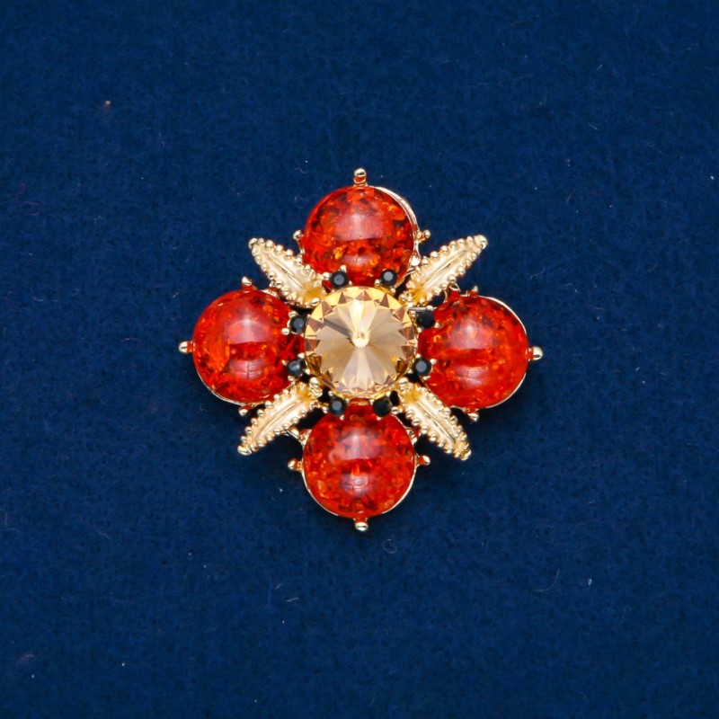 Amber Brooch (Imitation) with Black Crystals, Gold-Tone Crystal and Enamel, Gold-Tone Metal 48mm + 
