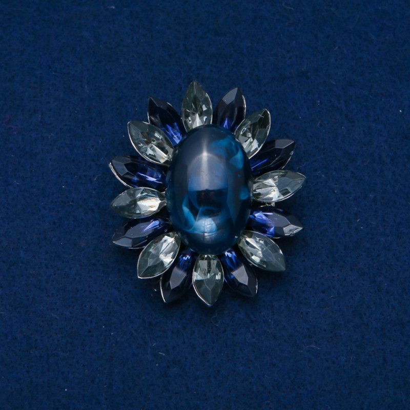 Flower Brooch 50x43 mm Cabochon Agate, blue and gray, silver-tone metal