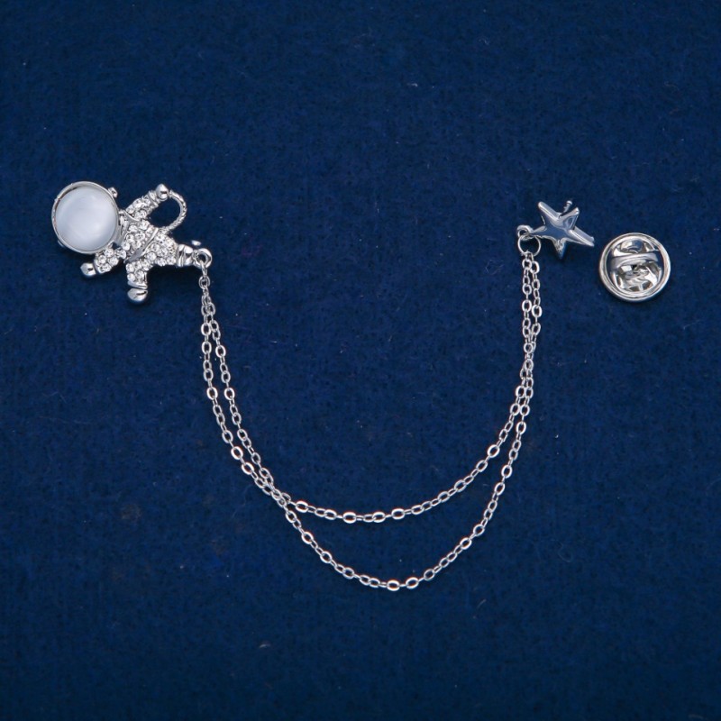 Astronaut Brooch with Cat's Eye Cabochon and White Crystals, Silver-Toned Metal 27x20 mm, length 12 cm