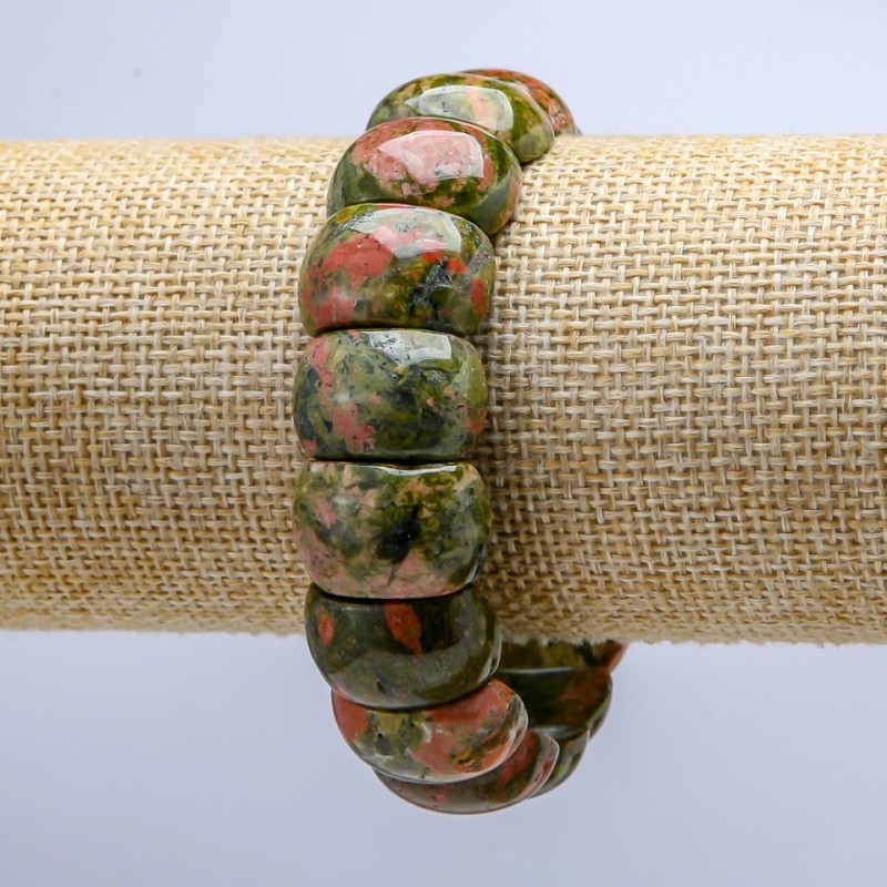 Elastic bracelet of natural heliotrope and unakite with smooth links, 20x12 mm+