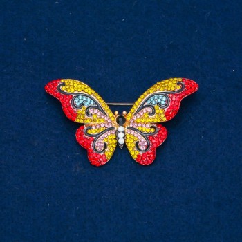 Discount! Butterfly Brooch with Multicolored Crystals, Gold-tone Metal 35x58mm +
