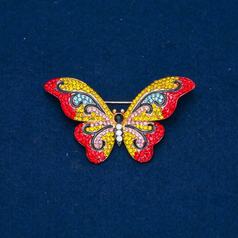 Discount! Butterfly Brooch with Multicolored Crystals, Gold-tone Metal 35x58mm +