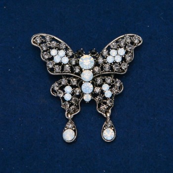 Discount! Butterfly Brooch with White Matte and Gray Crystals, Dark Silver Metal 35x48mm +