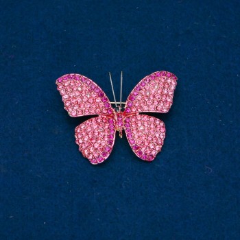 Discount! Butterfly Brooch with pink and magenta rhinestones, gold-tone metal 35x45mm +