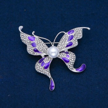 Discount! Butterfly Brooch with White Rhinestones, Enamel, Bead, Silvery Metal 60x60 mm +