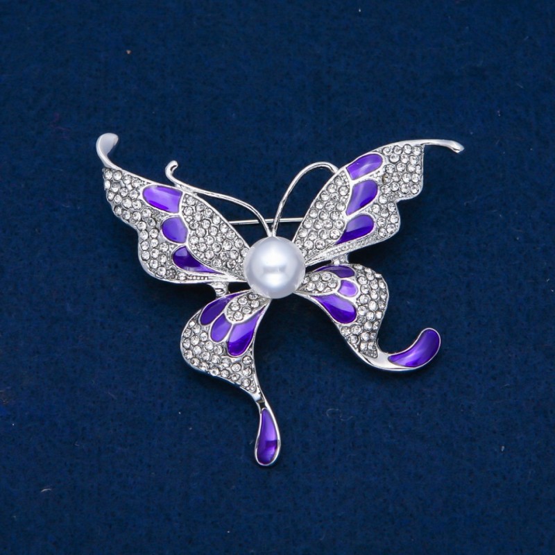 Discount! Butterfly Brooch with White Rhinestones, Enamel, Bead, Silvery Metal 60x60 mm +