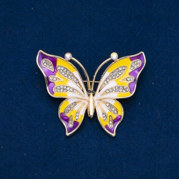 Discount! Enamel Butterfly Brooch, White Crystals, Golden Metal 54×43 mm +