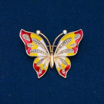 Sale! Butterfly Brooch, enamel, white crystals, gold-tone metal 54×43 mm +
