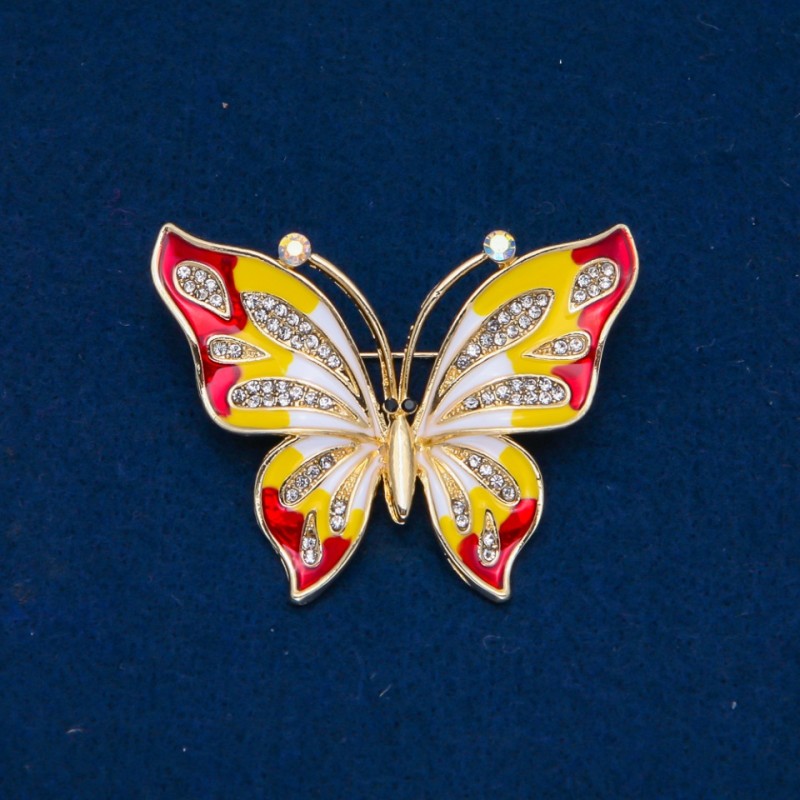 Sale! Butterfly Brooch, enamel, white crystals, gold-tone metal 54×43 mm +