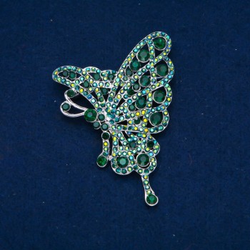 Sale! Butterfly Brooch with Green and Petrol Crystals, Gold-Toned Metal 75x50mm +