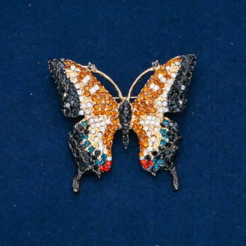 Sale! Butterfly Brooch with Multicolored Crystals, Gold-Tone Metal 50x55mm +