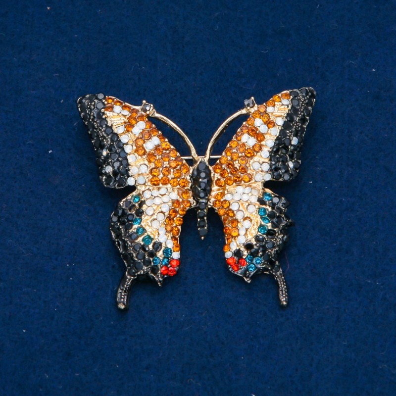Sale! Butterfly Brooch with Multicolored Crystals, Gold-Tone Metal 50x55mm +