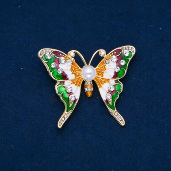 Discount! Butterfly Brooch with White Crystals, Enamel, Bead, Gold-Tone Metal 52x44mm +