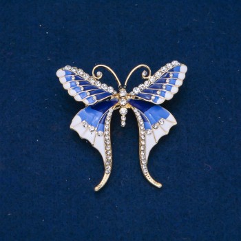 Discount! Butterfly Brooch with White Crystals, Light Blue, Blue and White Enamel, Gold-Toned Metal 48x50 mm +