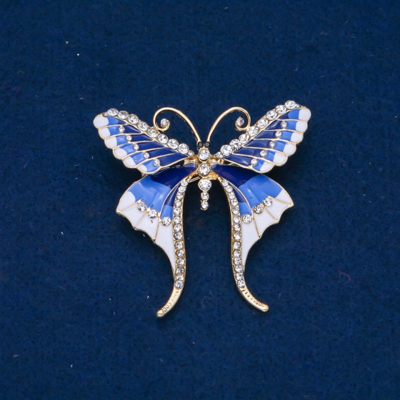 Discount! Butterfly Brooch with White Crystals, Light Blue, Blue and White Enamel, Gold-Toned Metal 48x50 mm +