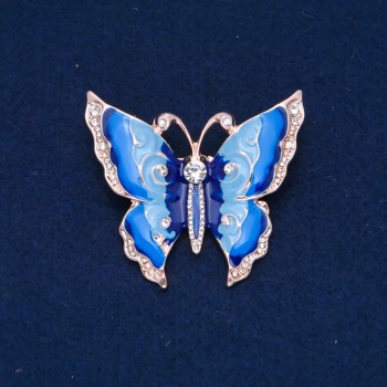 Sale! Butterfly Brooch with White Crystals, Blue and Light Blue Enamel, Gold-Toned Metal 47x52 mm +