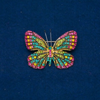 Sale! Butterfly Brooch with Yellow, Green, Raspberry Crystals, Gold-Tone Metal 35×48 mm +