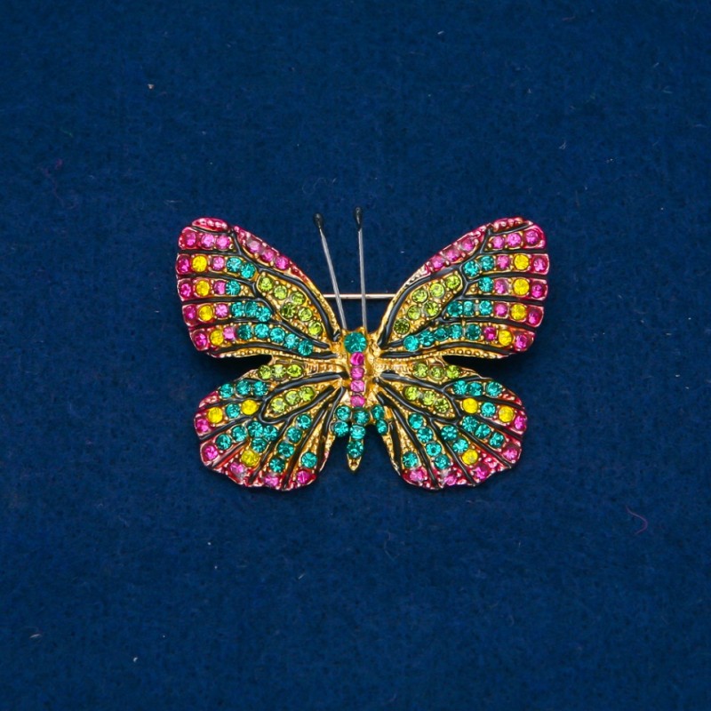 Butterfly Brooch with yellow, green, raspberry crystals, golden metal 35×48 mm +