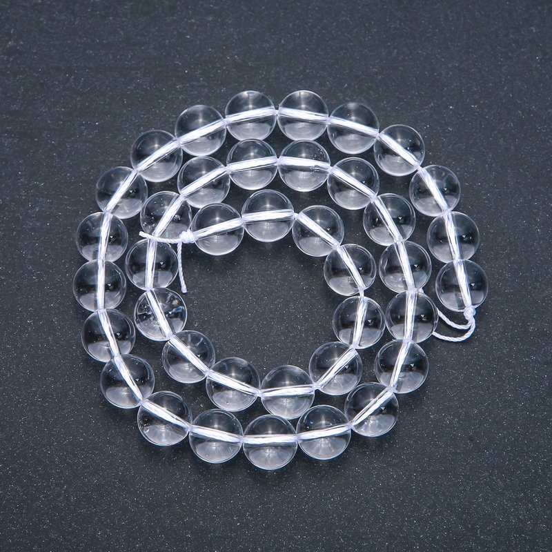 Rock crystal beads on a thread, smooth round beads, 10 mm diameter, 38 cm long