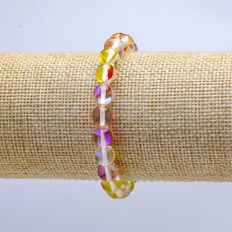 Opal Glass Bracelet Yellow-Red Chameleon on Elastic Band, Smooth Beads, 8 mm Diameter, 18 cm Length