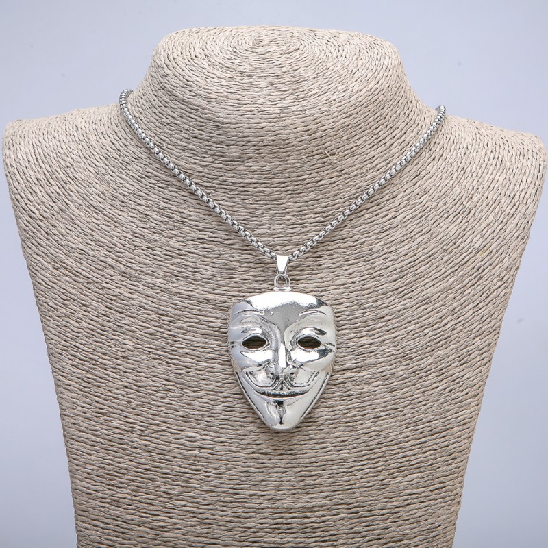 Pendant "Mime Mask" 48x38 mm on a chain, length 65 cm, silver-toned metal