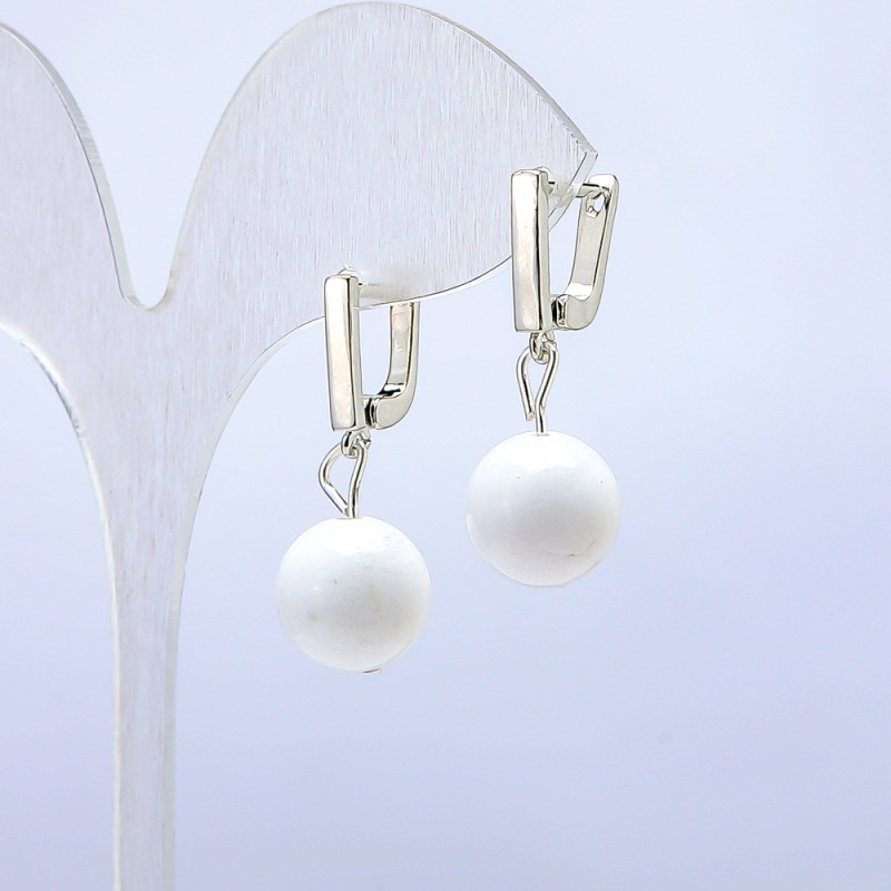Earrings with White Agate, diameter 12 mm, length 2.5 cm